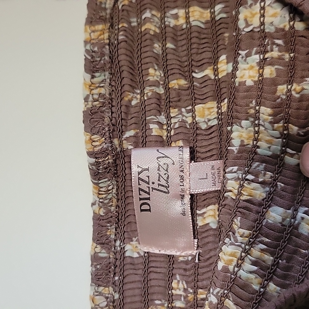 Brown Floral 100% Cotton Puff Sleeve Stretchy Boho Blouse L - Picture 2 of 14
